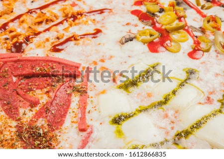 Close up mixed pizza view.