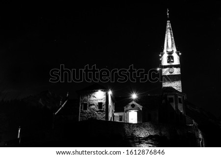 St. Gaudenzio's Monumental Church. Baceno (VB), Ossola, Piedmont, Italy. Black and white photography.