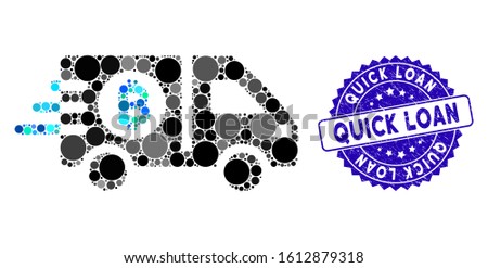 Collage fast Bitcoin delivery car icon and distressed stamp seal with Quick Loan text. Mosaic vector is composed with fast Bitcoin delivery car icon and with scattered round spots.