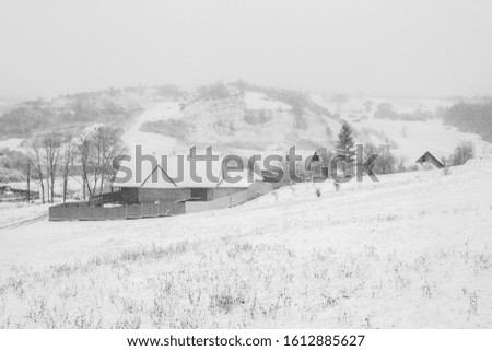 Image of white winter landscape during snowfall in rural setting in December