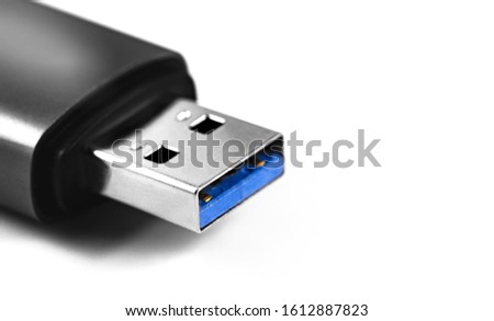 USB 3.0 connector on a white background closeup, macro