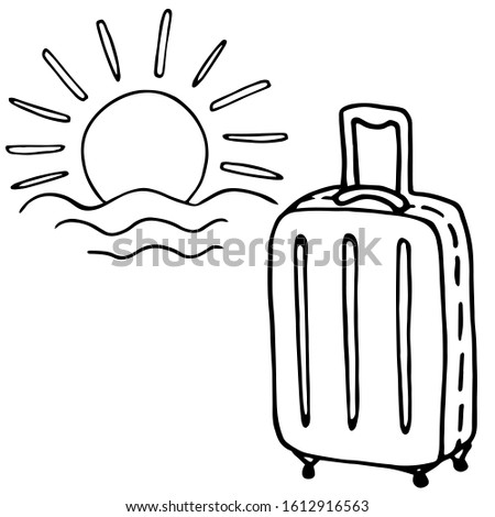 Hand-drawn vector illustration. Suitcase and the sun over the sea. Simple sketch, outline, silhouette. Cute Doodle drawing on a white background.