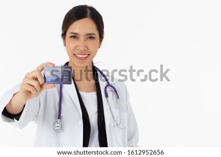 Portrait of asian an attractive young female doctor in white coat about medical or science health care concept on white background.