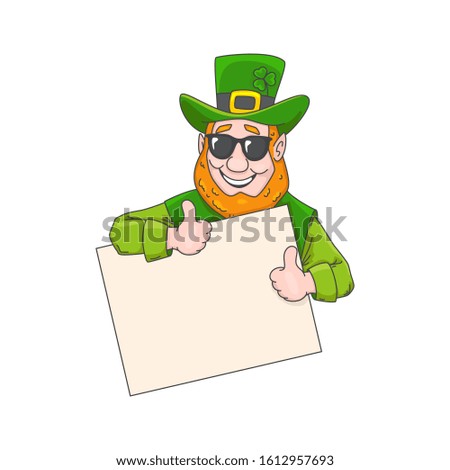 Cartoon leprechaun in glasses with a banner St. Patrick's Day. Vector illustration isolated on a white background. Leprechaun gestures cool with a beard and a hat.