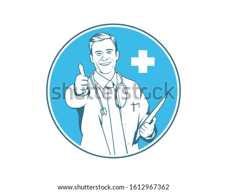 Smiling doctor with stethoscope giving thumbs up - vector logo illustration.