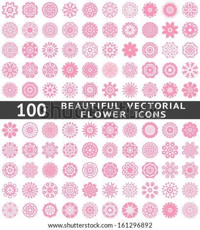 100 Beautiful abstract flower icons. Vector illustration for your pretty chic design. Set of pink natural shapes. Different romantic feminine symbols. Spring and summer elements. Fantasy collection.