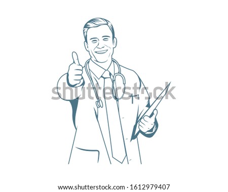 Smiling doctor with stethoscope holding clipboard and giving thumbs up - vector line art illustration.