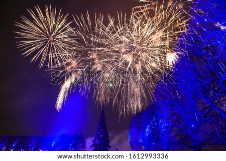 Fireworks over the Peter and Paul Fortress, Palace bridge, Old Stock Exchange, Winter Palace, Hermitage, night illumination, river Neva as mirror, snow,  of Peter and Paul Fortress, fireworks, Neva 