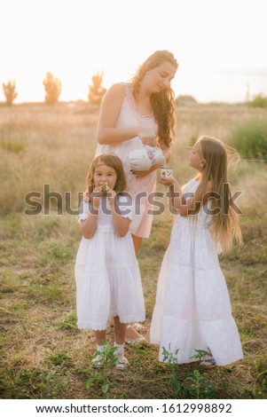 Beautiful young pregnant mother with blond hair and two daughters in white dresses in a field in the summer at sunset. Happy pregnancy. The large family. Family and Children