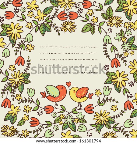 Cute floral card with birds and place for text