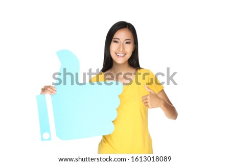 Beautiful woman holding paper Like on white background
