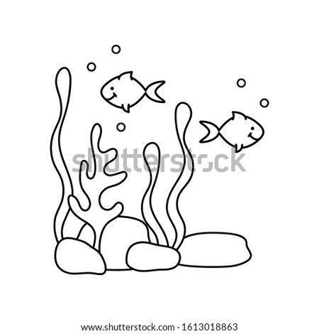 Two fish, seaweed, and rocks . Sea creatures, cute characters. Hand-drawn coloring book for children . Black and white background. Vector illustration