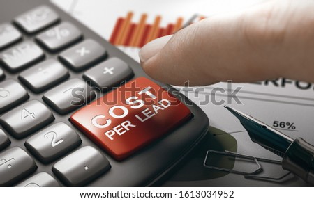 Finger about to press a calculator key with the text cost per lead. Online marketing campaign budget concept. Composite image between a hand photography and a 3D illustration.