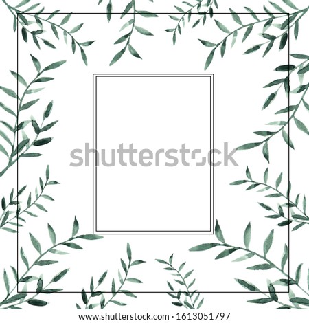 Watercolor wedding Invitation, banner, wreath floral invite card Design with green tropical forest palm tree leaves, forest fern greenery simple, geometric border print. cute garden greeting, logo
