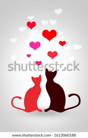 Silhouettes of cats and flying hearts. Valentine's Day Greeting Card.