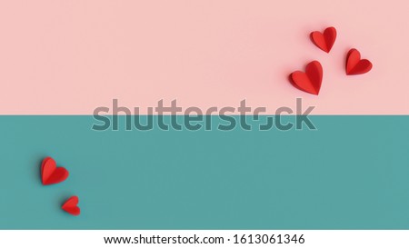 Valentines Day background, colorful decoration design with space for text. Paper cut red hearts on multicolored pastel pink, turquoise background, top view concept. Romantic concept, flat lay nubes.