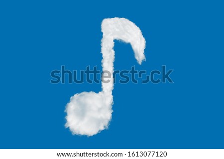 One music note shape symbol made of clouds on blue