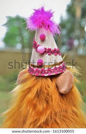 On the lion's head, a pink party hat with
  ribbons, lace and pompom
