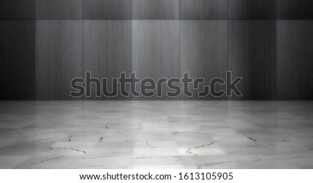 Dark empty interior with marble floor and metal wall panels as background (3D Illustration) Royalty-Free Stock Photo #1613105905