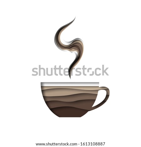 Cup of coffee on a white background in the style of paper cut. Smoke from a hot drink