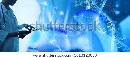 Medicine womsan doctor touching digital medical record tablet with DNA. AR of healthcare and network connection on hologram modern Ui for medical technology and network concept. Royalty-Free Stock Photo #1613123053
