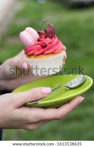 Woman holds a saucer with  beautiful and healthy cupcake decorated macaron and grape, picture taken outdoor in spring.