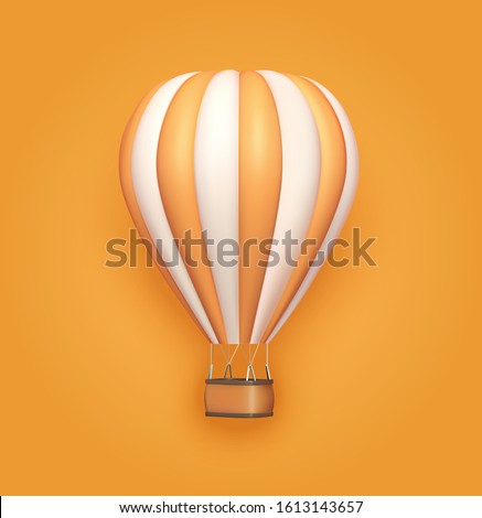 Hot air balloon orange white stripes, colorful aerostat on orange background. 3d photo realistic vector illustration