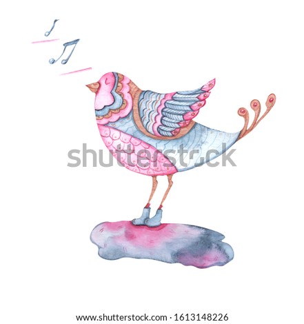 Watercolor, cute unusual bird that sings a song and notes fly around. Pink, golden bird with an ornament on the wings and body.