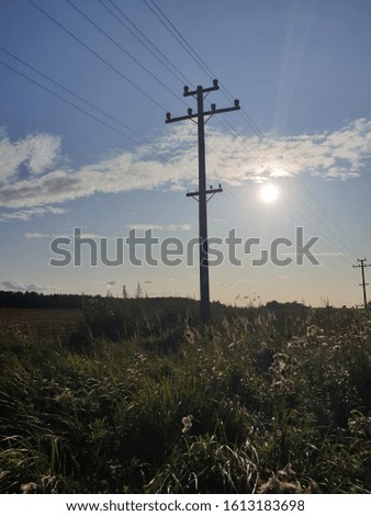 Old wooden electric pole with wires used for electricity traffic. Pictured in the agriculture wild fields of farm land.  