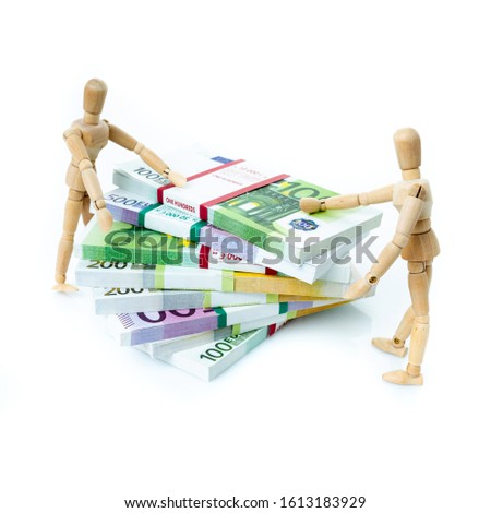 Miniature people on Euro banknotes. business, office, household, banking, tax, gambling concept