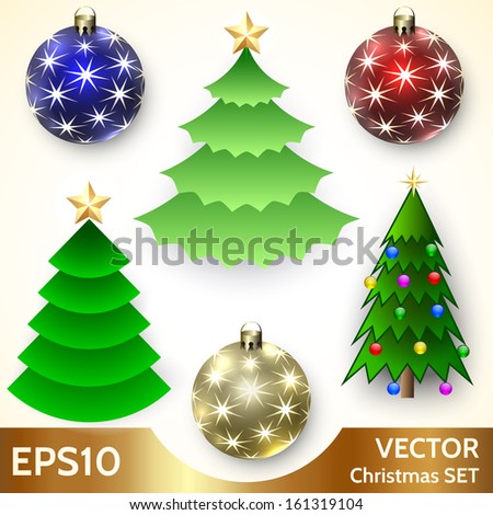 Vector Set of Christmas Trees and Balls with Stars