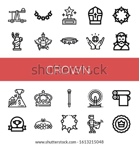 crown simple icons set. Contains such icons as Catapult, Statue of liberty, Necklace, Coat of arms, Prize, Pope, Jewelry, Crown of thorns, can be used for web, mobile and logo