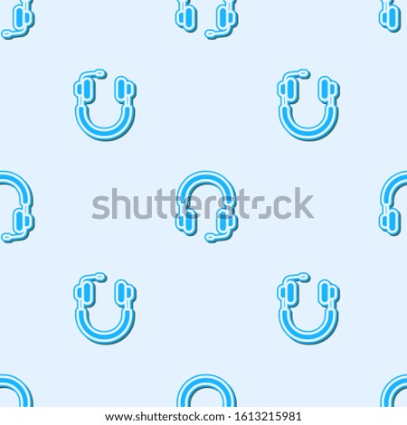 Blue line Headphones icon isolated seamless pattern on grey background. Earphones. Concept for listening to music, service, communication and operator.  Vector Illustration