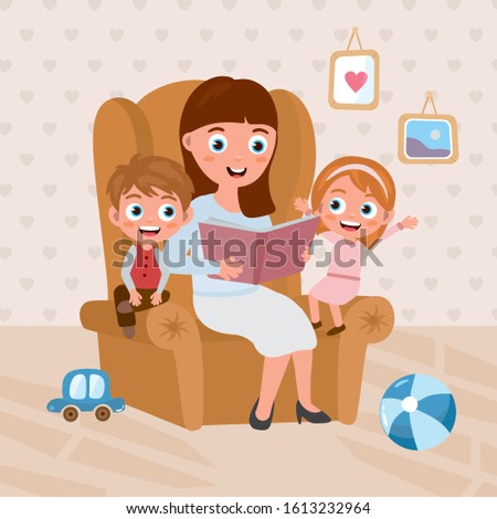 Mom reads a book to her two children. Girl and boy in the room read fairy tales. Children's illustration about a lifestyle.Teacher telling a story in a nursery room.