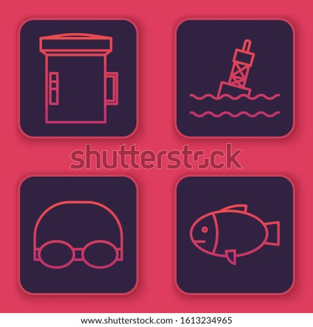 Set line Big flashlight for diver, Glasses and cap for swimming, Floating buoy on the sea and Fish. Blue square button. Vector