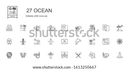 ocean icons set. Collection of ocean with map, paddles, surfboard, beach, dive, flippers, earth globe, dolphin, lighthouse, walrus, turtle. Editable and scalable ocean icons.