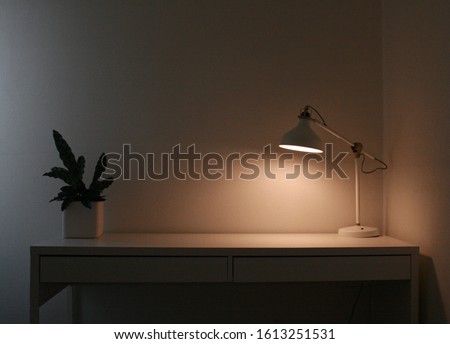 Clean white desk with a plant and lamp during evening home office