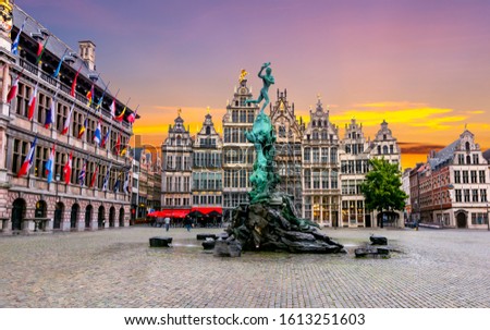 Brabo fountain on Market square, center of Antwerp, Belgium Royalty-Free Stock Photo #1613251603