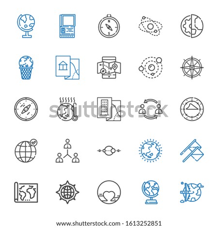 world icons set. Collection of world with worldwide, earth globe, pluto, compass, map, flags, ozone layer, solar system, network, earth grid. Editable and scalable world icons.