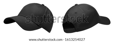 Black baseball cap in angles view front and back. Mockup baseball cap for your design Royalty-Free Stock Photo #1613254027