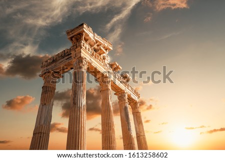 Amazingly Temple of Apollon ancient ruins. Apollon temple in Side antique city, Antalya, Turkey. Royalty-Free Stock Photo #1613258602
