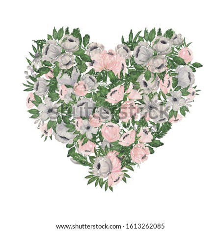 Big flower heart. Hand drawn watercolor illustration. Beautiful flower and herbal arrangement in heart shape. Gentle bouquet with different hand drawn floral elements. Anemones and poppies.