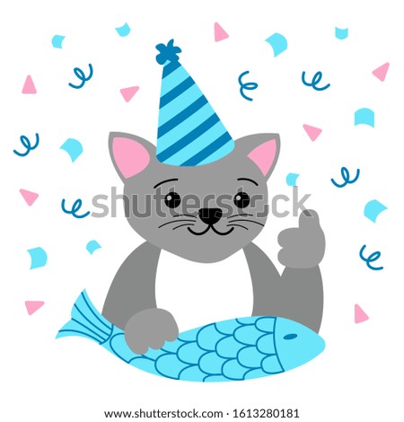 Happy Birthday Card cat and fish. Pleased grey cat with cap on head. Vector illustration on white background