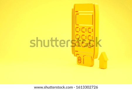 Yellow Pos terminal with inserted credit card icon isolated on yellow background. Payment terminal transaction. Pay by card. Minimalism concept. 3d illustration 3D render