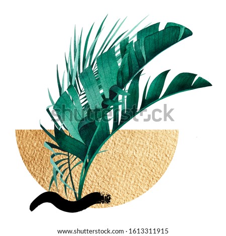 Abstract composition of tropical banana plant and palm leaf, golden geometric figures ink brushstrokes.