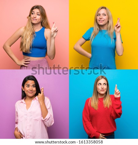 Set of women over isolated backgrounds with fingers crossing and wishing the best