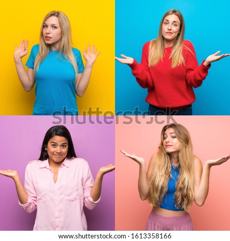 Set of women over isolated backgrounds making doubts gesture