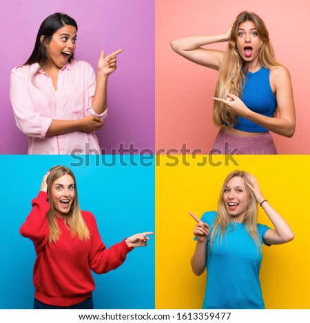 Set of women over isolated backgrounds surprised and pointing finger to the side