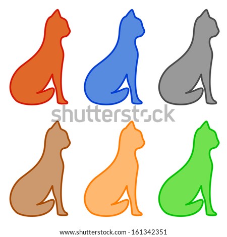 set isolated colorful sit cat silhouette 