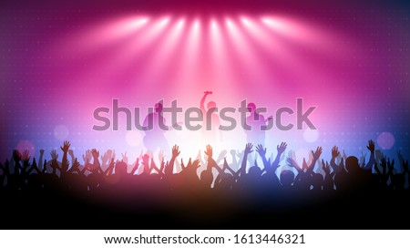 Silhouette of people raise hand up in concert with rock star band playing guitar on stage and digital pattern on blue pink color background Royalty-Free Stock Photo #1613446321